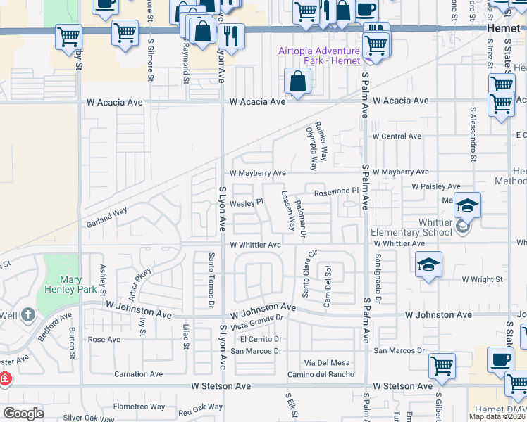 map of restaurants, bars, coffee shops, grocery stores, and more near 621 Shasta Way in Hemet
