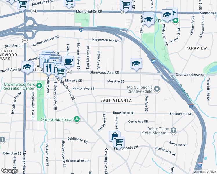map of restaurants, bars, coffee shops, grocery stores, and more near 1552 Newton Avenue Southeast in Atlanta