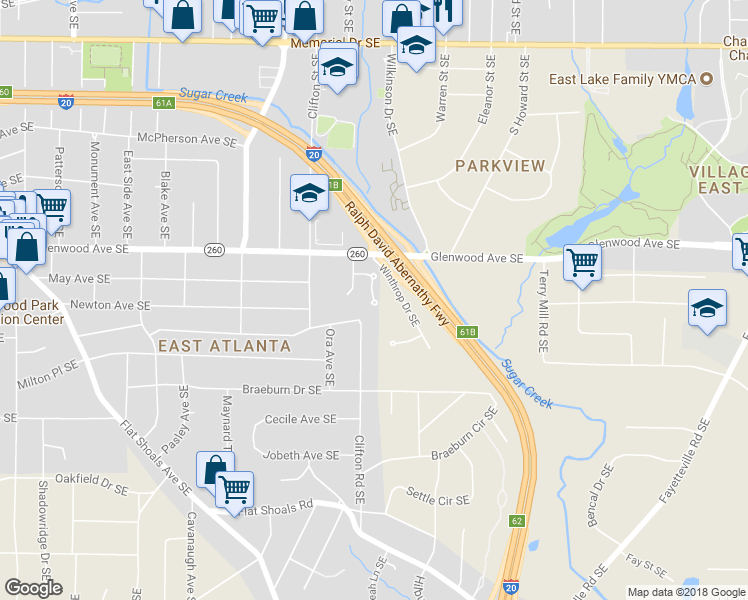 map of restaurants, bars, coffee shops, grocery stores, and more near 1780 Glenaire Court Southeast in Atlanta