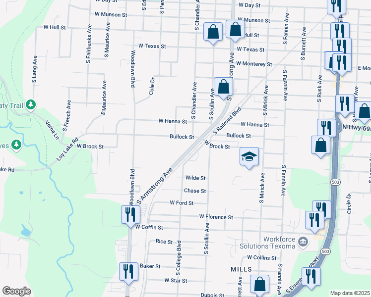 map of restaurants, bars, coffee shops, grocery stores, and more near 1725 South Armstrong Avenue in Denison