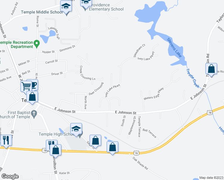 map of restaurants, bars, coffee shops, grocery stores, and more near 135 Ivey Lake Parkway in Temple