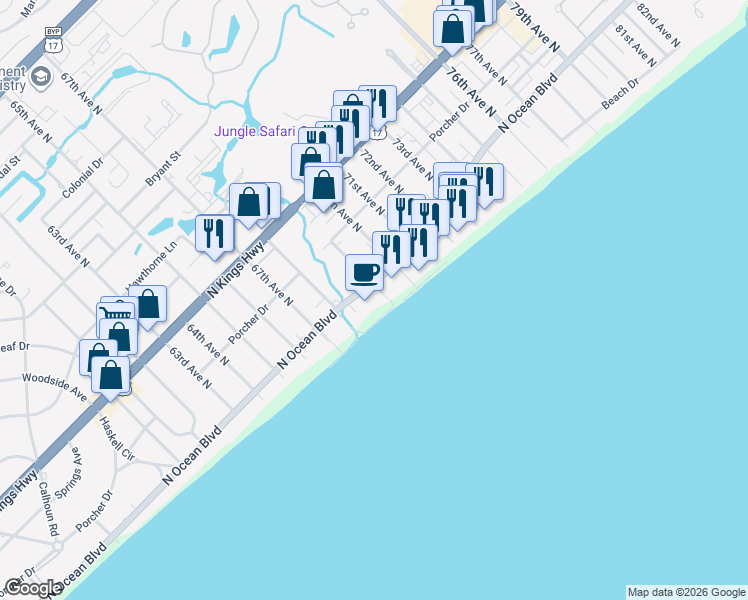 map of restaurants, bars, coffee shops, grocery stores, and more near 6804 North Ocean Boulevard in Myrtle Beach
