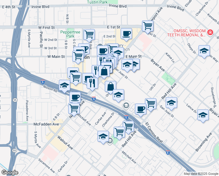 map of restaurants, bars, coffee shops, grocery stores, and more near 1099 Bonita Street in Tustin