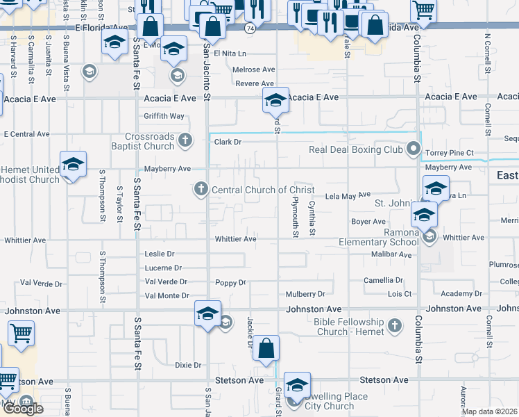 map of restaurants, bars, coffee shops, grocery stores, and more near 26417 Girard Street in Hemet