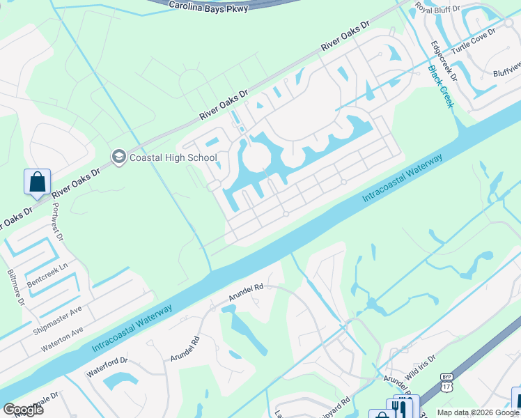 map of restaurants, bars, coffee shops, grocery stores, and more near 267 West Palms Drive in Myrtle Beach