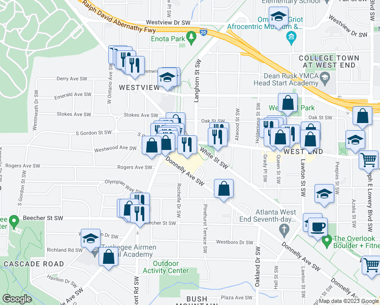 map of restaurants, bars, coffee shops, grocery stores, and more near 590 Cascade Avenue Southwest in Atlanta