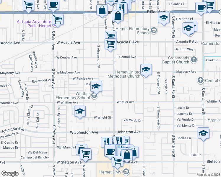 map of restaurants, bars, coffee shops, grocery stores, and more near 110 West Montrose Avenue in Hemet