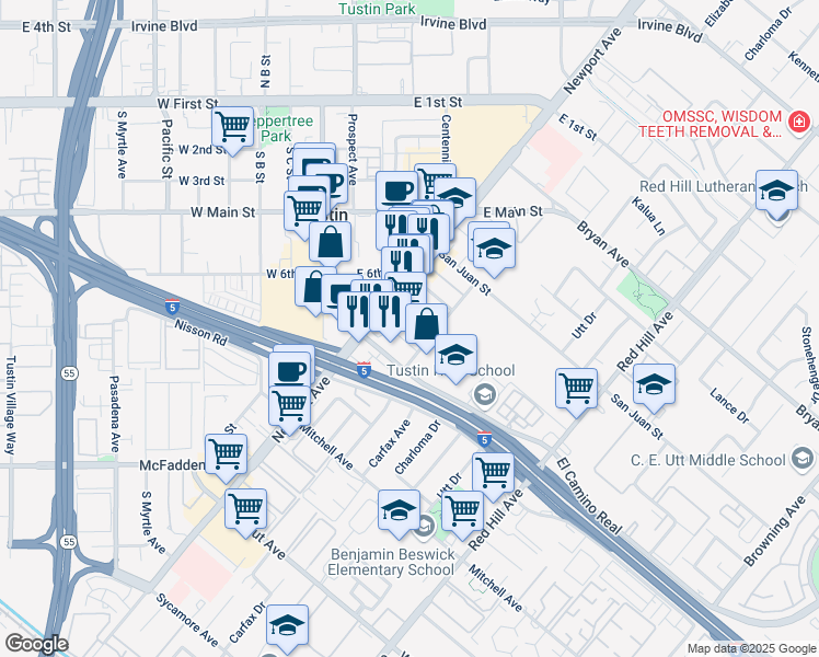 map of restaurants, bars, coffee shops, grocery stores, and more near 1074 Bonita Street in Tustin