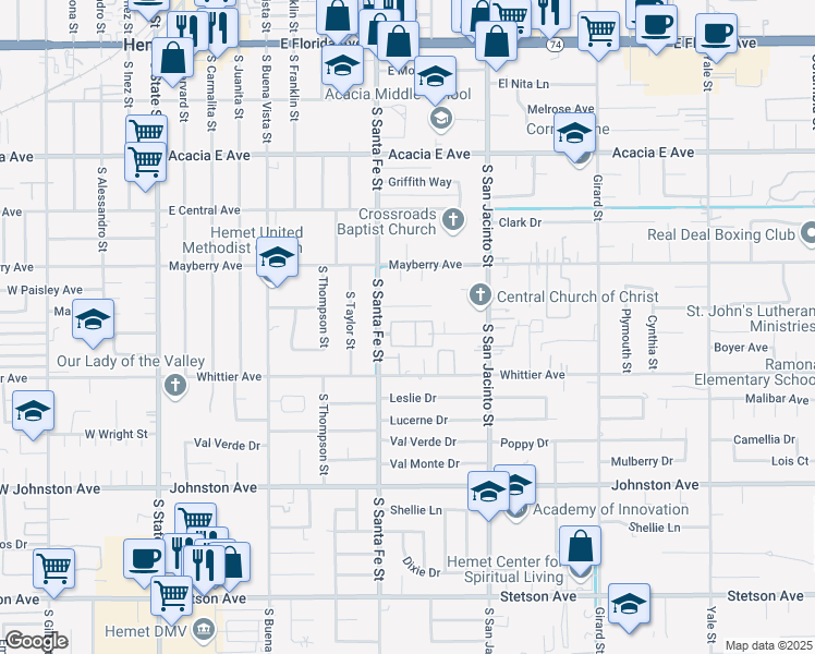 map of restaurants, bars, coffee shops, grocery stores, and more near 612 South Santa Fe Street in Hemet