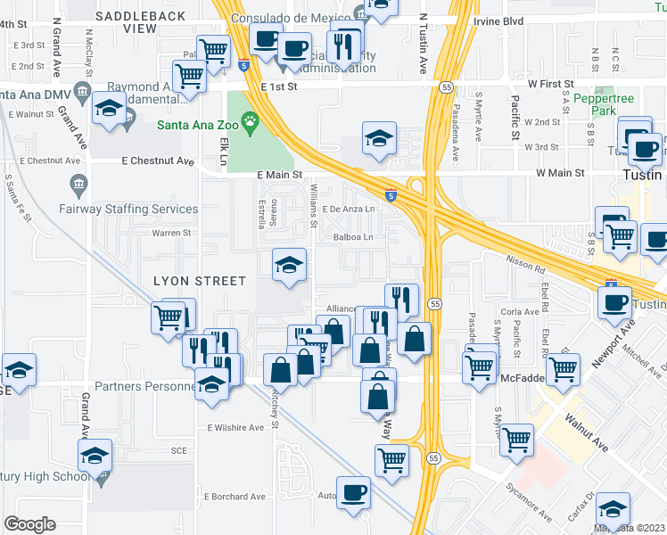 map of restaurants, bars, coffee shops, grocery stores, and more near 15504 Williams Street in Tustin