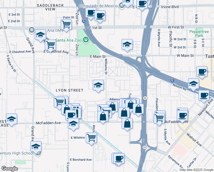 map of restaurants, bars, coffee shops, grocery stores, and more near 15545 Williams Street in Tustin