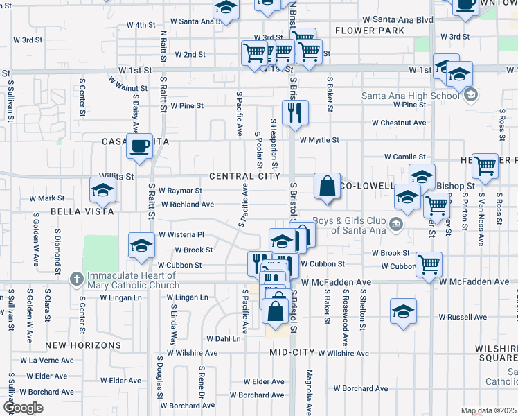 map of restaurants, bars, coffee shops, grocery stores, and more near 1401 Tolliver Street in Santa Ana