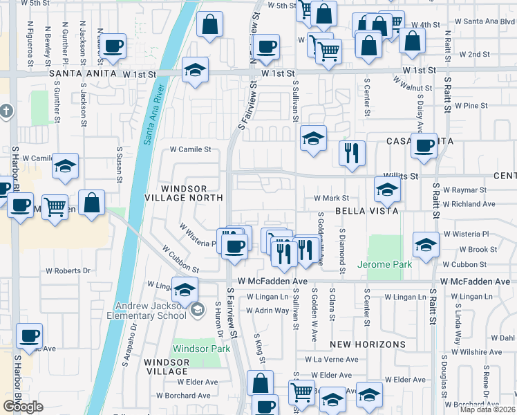 map of restaurants, bars, coffee shops, grocery stores, and more near 624 South Sullivan Street in Santa Ana