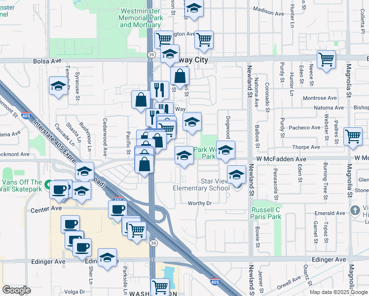 map of restaurants, bars, coffee shops, grocery stores, and more near 15432 Jackson Street in Midway City