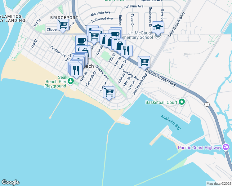 map of restaurants, bars, coffee shops, grocery stores, and more near 1521 Marine Avenue in Seal Beach
