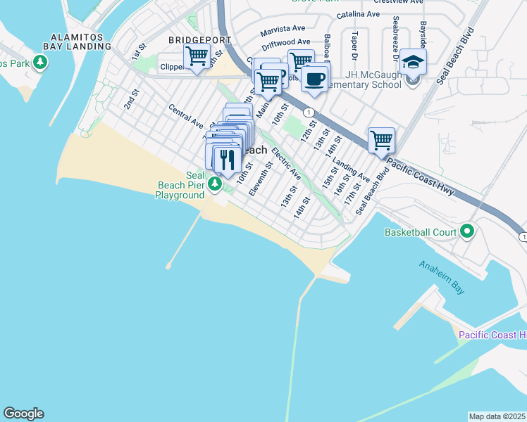 map of restaurants, bars, coffee shops, grocery stores, and more near 1113 East Seal Way in Seal Beach