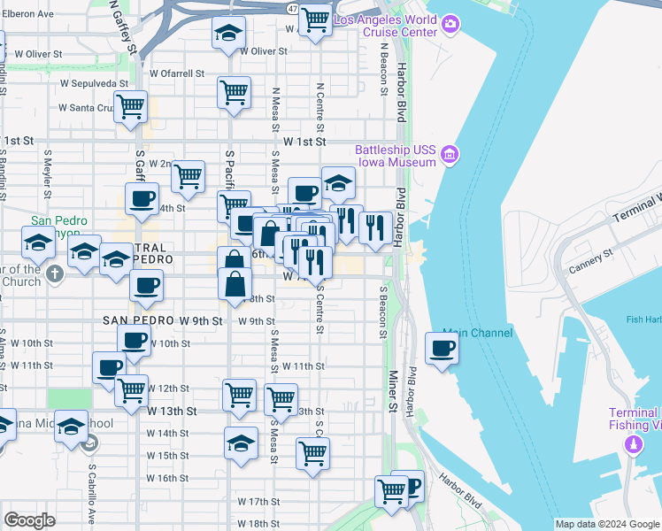 map of restaurants, bars, coffee shops, grocery stores, and more near 253 West 7th Street in Los Angeles