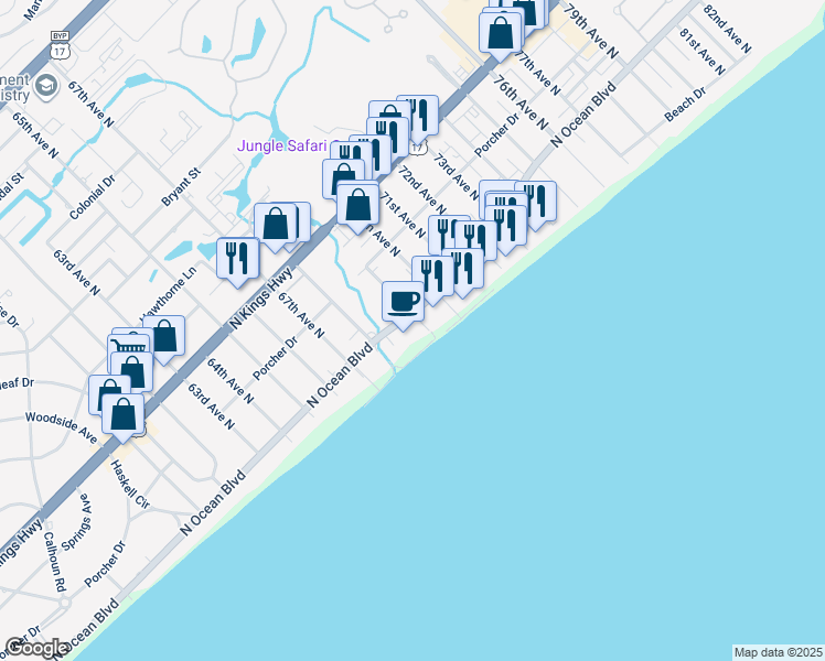 map of restaurants, bars, coffee shops, grocery stores, and more near 6804 North Ocean Boulevard in Myrtle Beach