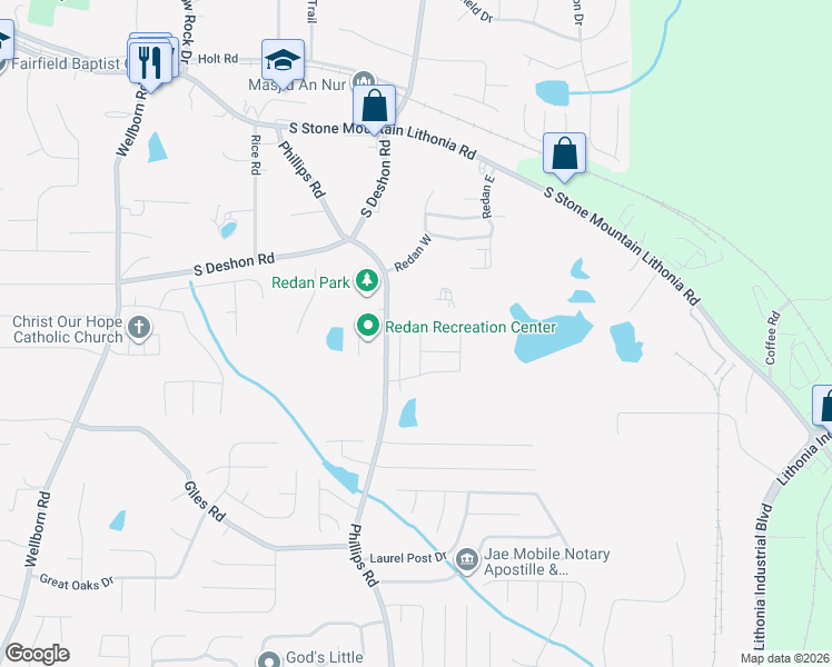 map of restaurants, bars, coffee shops, grocery stores, and more near 6392 Shalks Crossing Drive in Lithonia