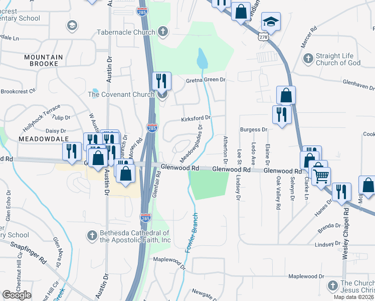 map of restaurants, bars, coffee shops, grocery stores, and more near 113 Glen Acres Court in Decatur