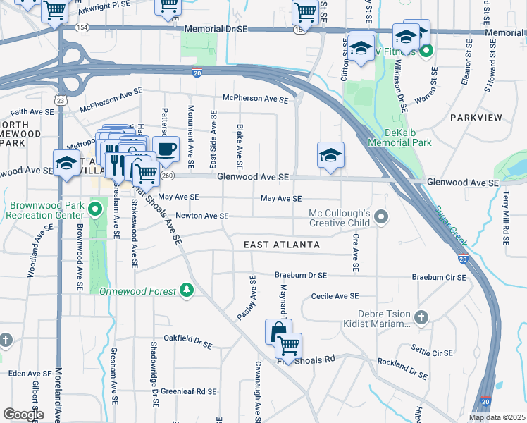 map of restaurants, bars, coffee shops, grocery stores, and more near 1552 Newton Avenue Southeast in Atlanta