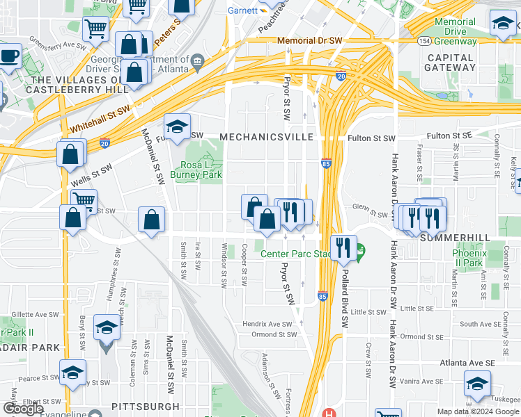 map of restaurants, bars, coffee shops, grocery stores, and more near 268 Glenn Street Southwest in Atlanta