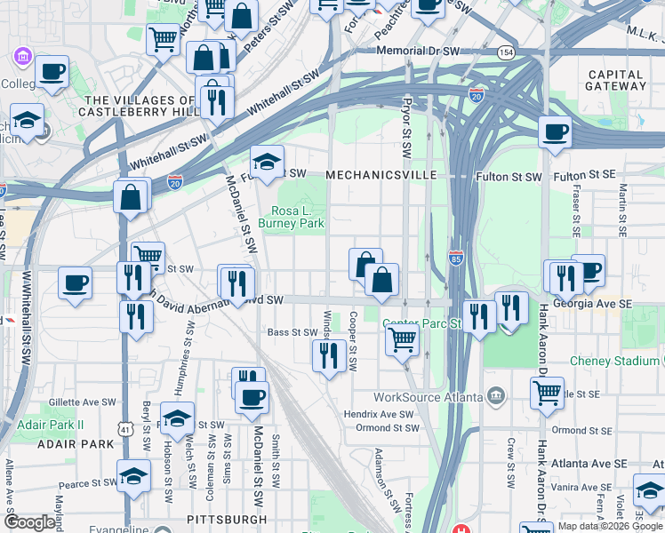 map of restaurants, bars, coffee shops, grocery stores, and more near 300 Glenn Street Southwest in Atlanta