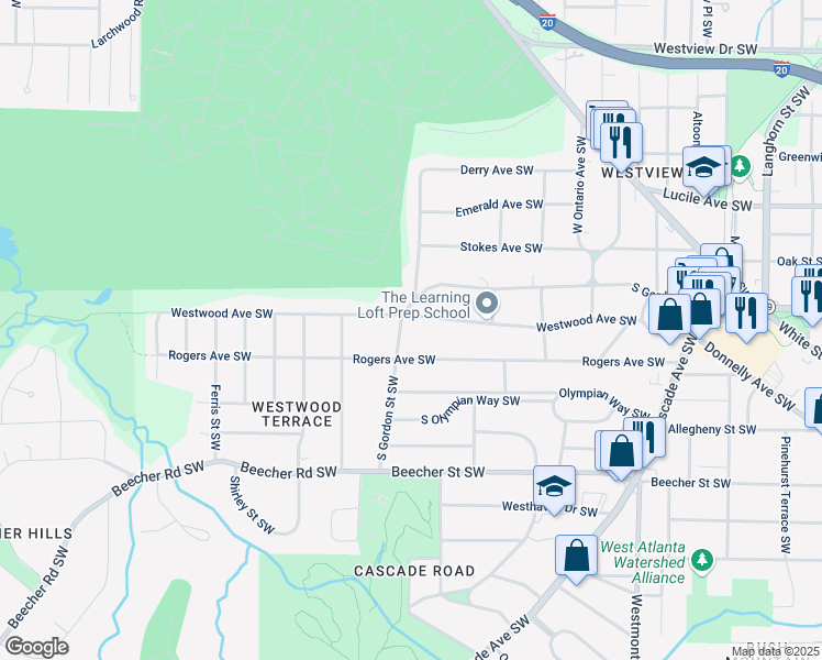 map of restaurants, bars, coffee shops, grocery stores, and more near 1798 South Gordon Street Southwest in Atlanta