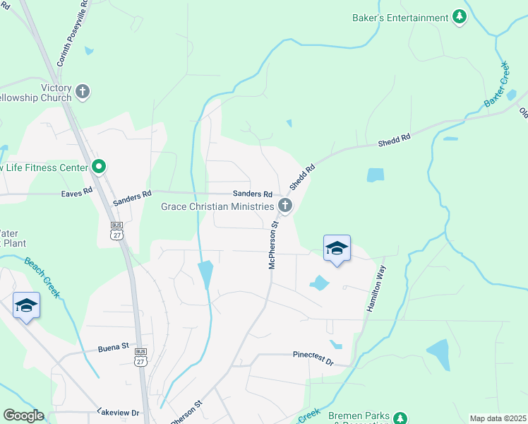 map of restaurants, bars, coffee shops, grocery stores, and more near 193 Meadow Creek Circle in Bremen