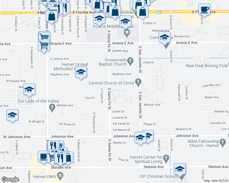 map of restaurants, bars, coffee shops, grocery stores, and more near 610 South Santa Fe Street in Hemet