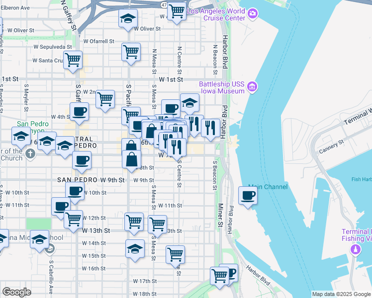 map of restaurants, bars, coffee shops, grocery stores, and more near 285 West 6th Street in Los Angeles