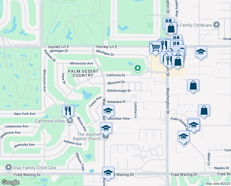 map of restaurants, bars, coffee shops, grocery stores, and more near 77565 Edinborough Street in Palm Desert