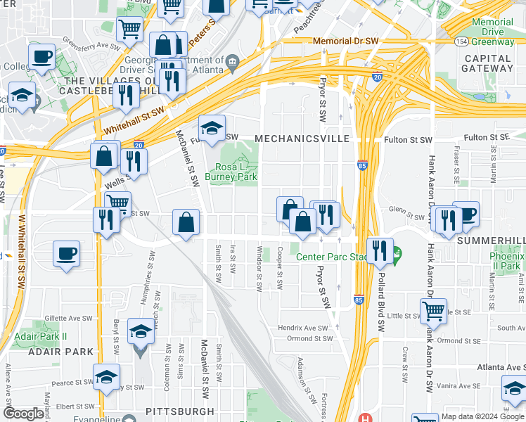 map of restaurants, bars, coffee shops, grocery stores, and more near 300 Glenn Street Southwest in Atlanta