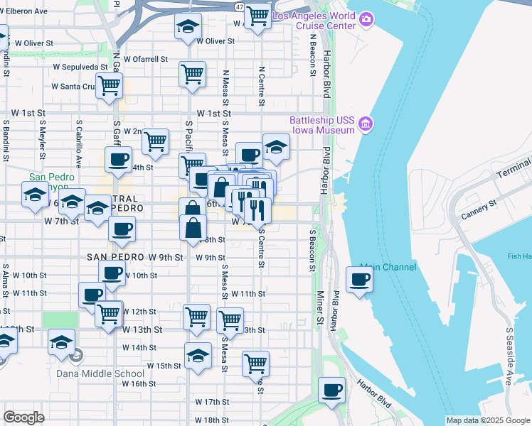 map of restaurants, bars, coffee shops, grocery stores, and more near 285 West 6th Street in Los Angeles