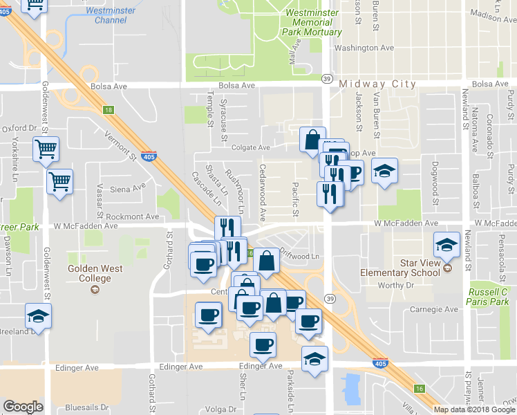 map of restaurants, bars, coffee shops, grocery stores, and more near 15421 Cedarwood Avenue in Midway City