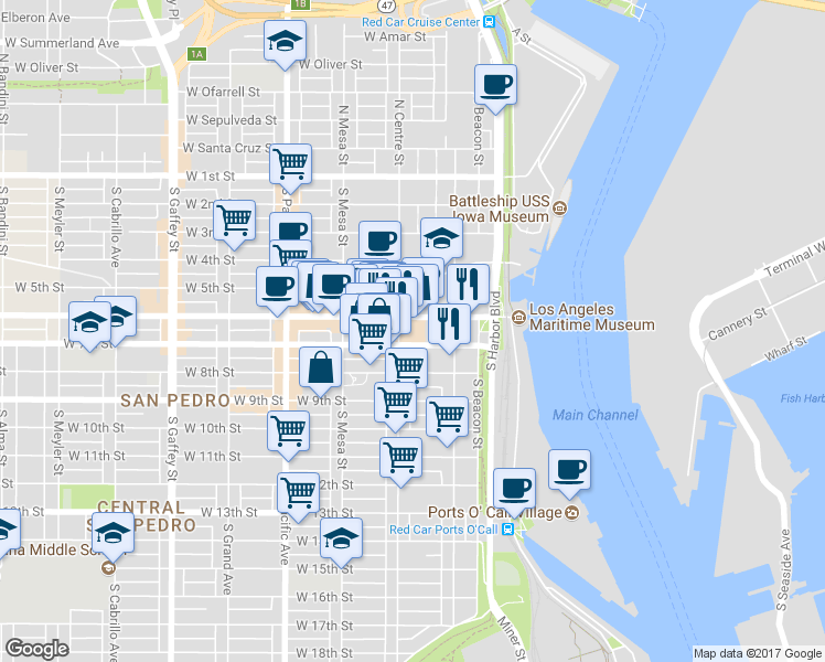 map of restaurants, bars, coffee shops, grocery stores, and more near 253 West 7th Street in Los Angeles