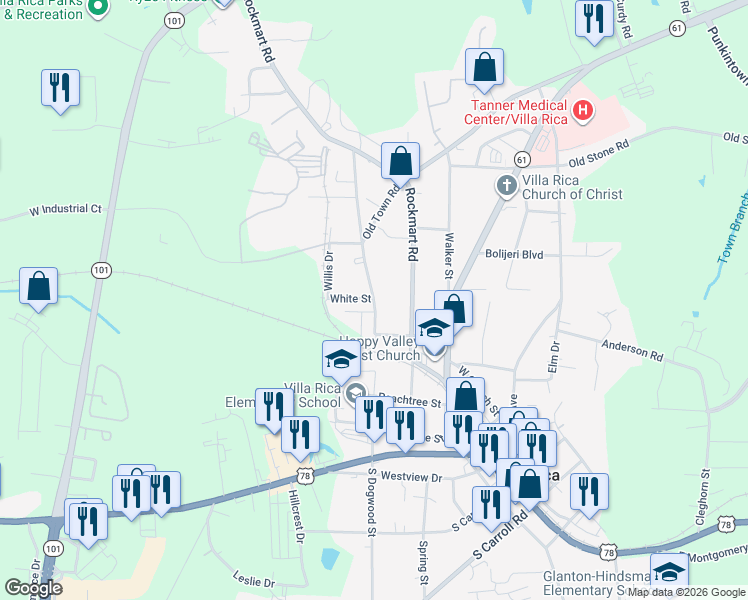 map of restaurants, bars, coffee shops, grocery stores, and more near 215 North Dogwood Street in Villa Rica