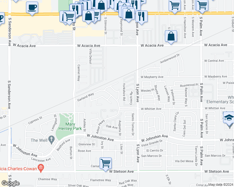 map of restaurants, bars, coffee shops, grocery stores, and more near 605 Bellflower Way in Hemet
