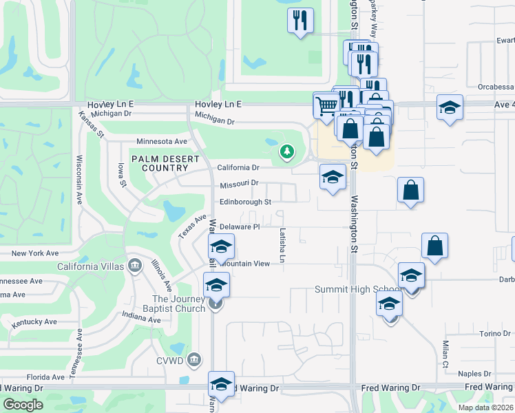 map of restaurants, bars, coffee shops, grocery stores, and more near 77663 Edinborough Street in Palm Desert