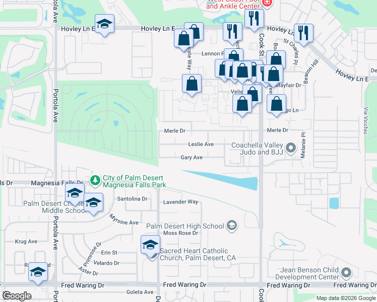map of restaurants, bars, coffee shops, grocery stores, and more near 42671 Susan Circle in Palm Desert