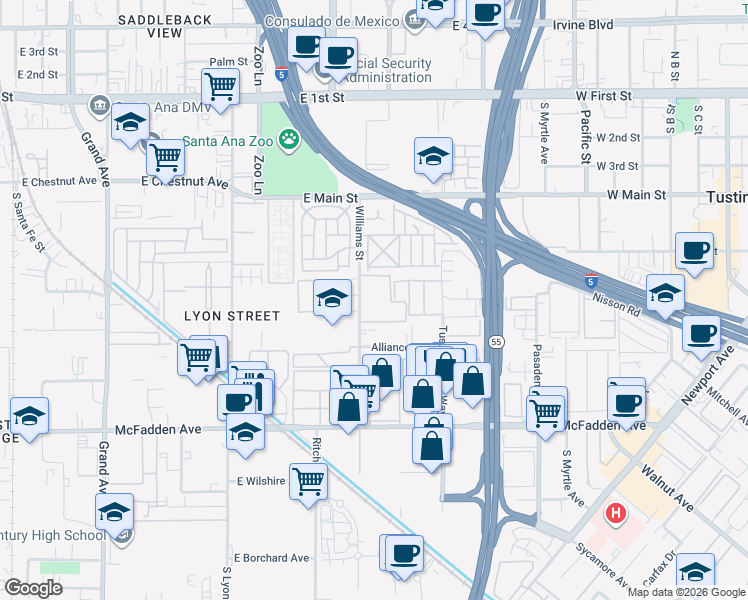 map of restaurants, bars, coffee shops, grocery stores, and more near 15504 Williams Street in Tustin