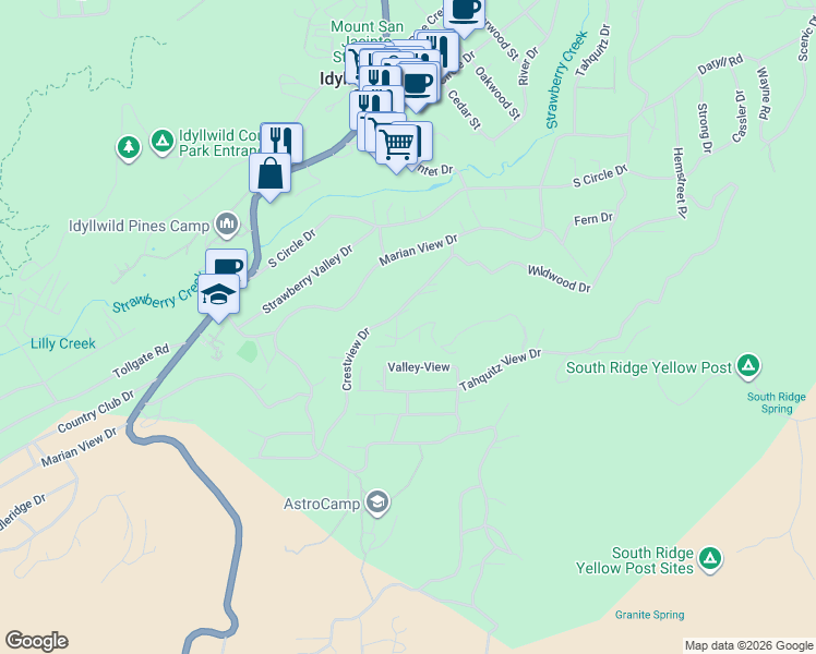 map of restaurants, bars, coffee shops, grocery stores, and more near 54420 Village View Drive in Idyllwild-Pine Cove