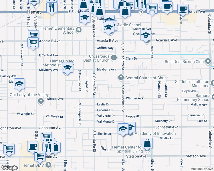 map of restaurants, bars, coffee shops, grocery stores, and more near 622 South Santa Fe Street in Hemet