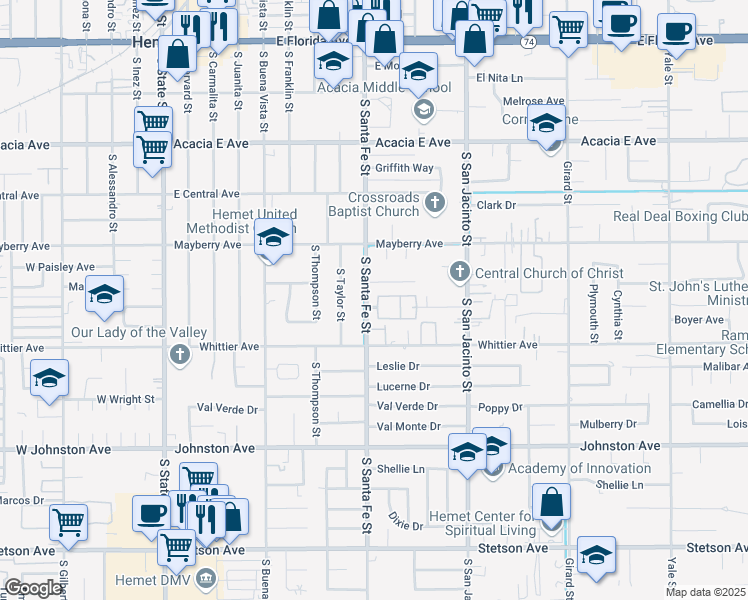 map of restaurants, bars, coffee shops, grocery stores, and more near 602 South Santa Fe Street in Hemet