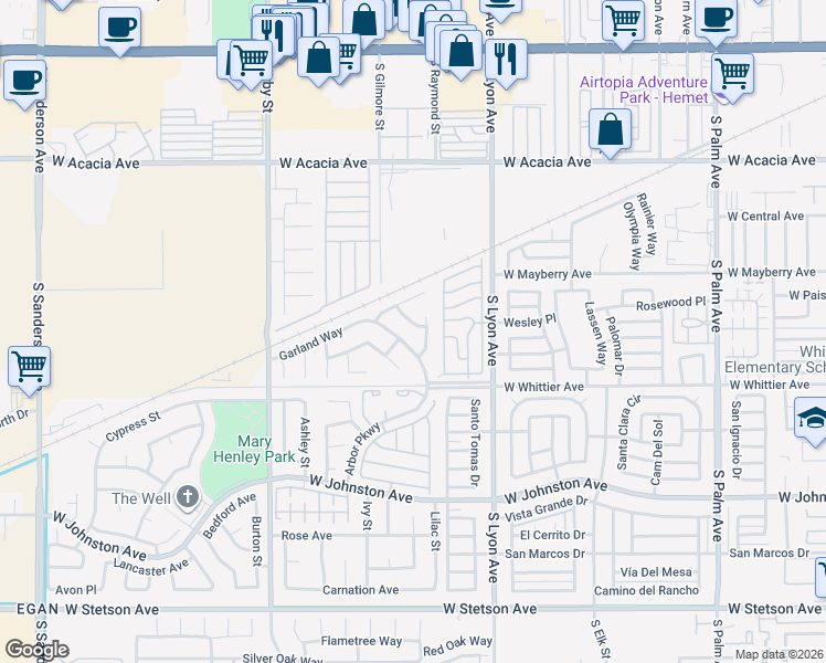 map of restaurants, bars, coffee shops, grocery stores, and more near 591 Gladiola Street in Hemet