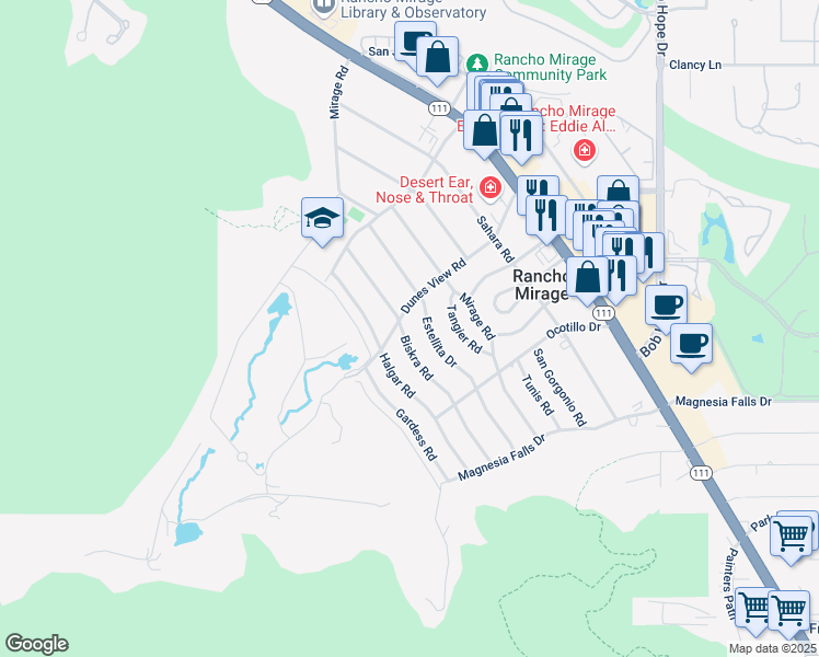 map of restaurants, bars, coffee shops, grocery stores, and more near 71364 Biskra Road in Rancho Mirage