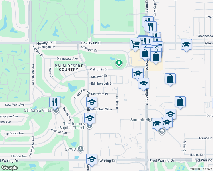 map of restaurants, bars, coffee shops, grocery stores, and more near 77663 Edinborough Street in Palm Desert
