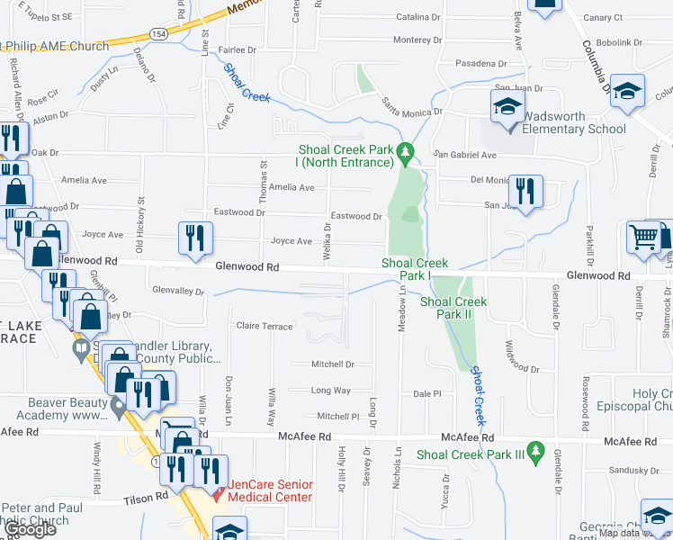 map of restaurants, bars, coffee shops, grocery stores, and more near 3529 Glenwood Road in Decatur