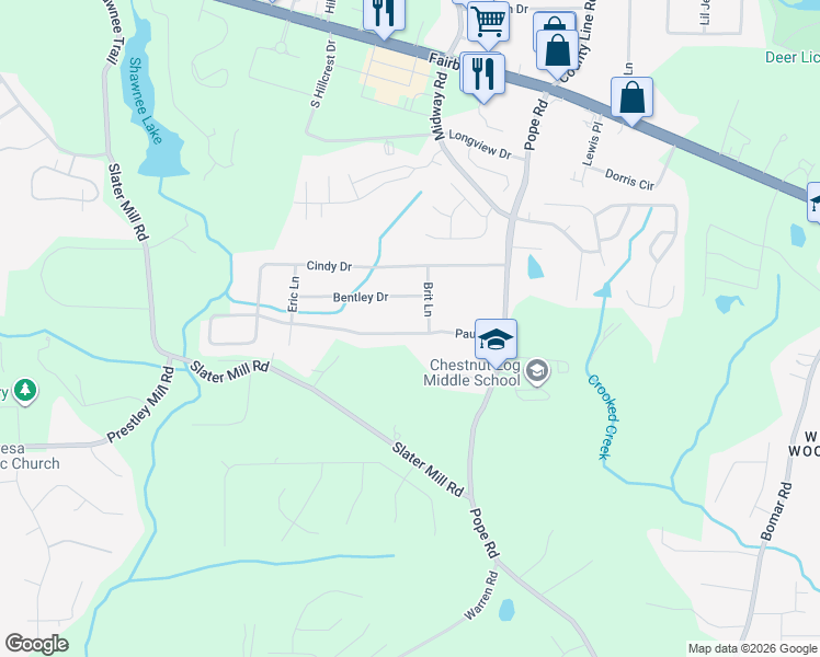 map of restaurants, bars, coffee shops, grocery stores, and more near 3810 Paul Street in Douglasville