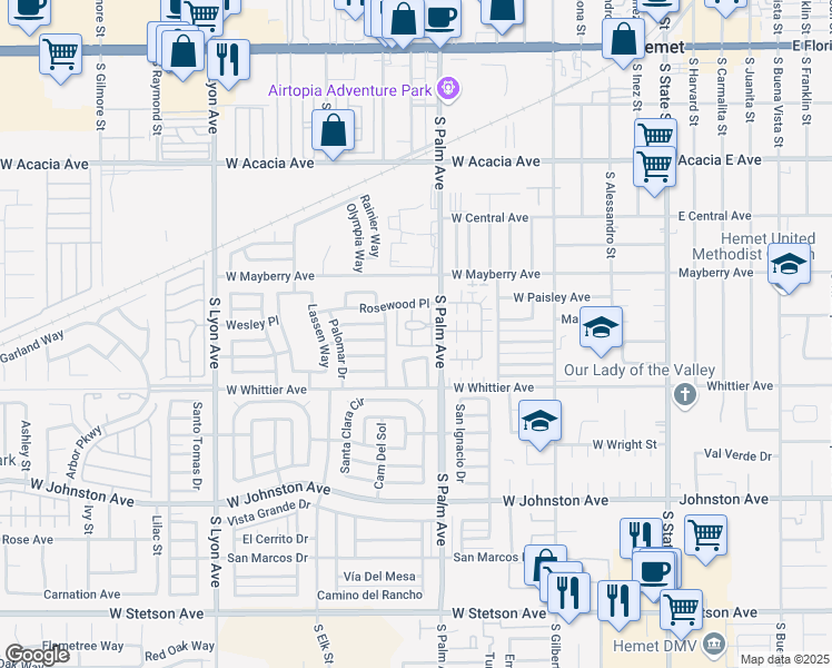 map of restaurants, bars, coffee shops, grocery stores, and more near 615 South Palm Avenue in Hemet